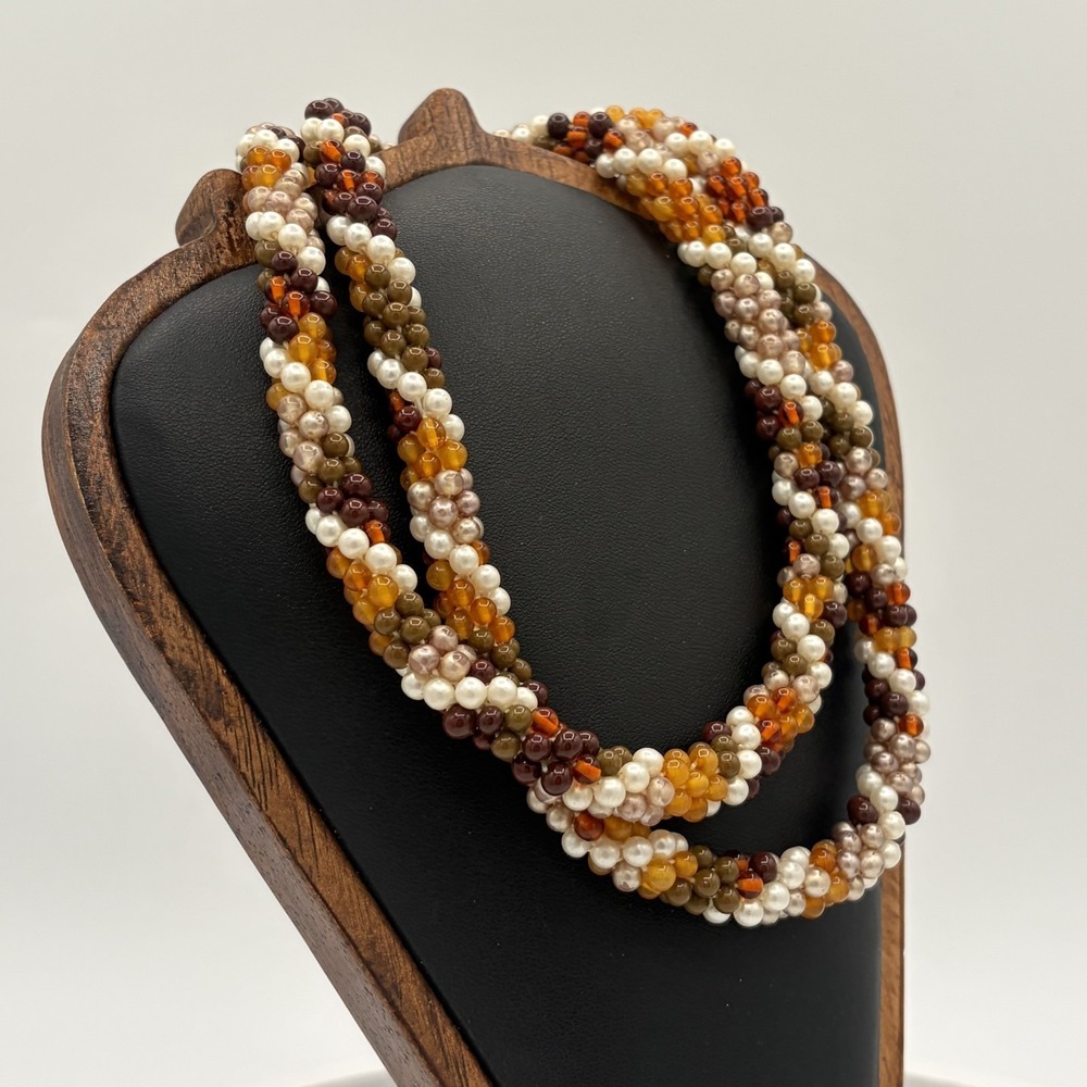 Endless Seed Bead Woven Spiral Rope Necklace Faux Pearl Amber Fall Colors - Picture 5 of 7